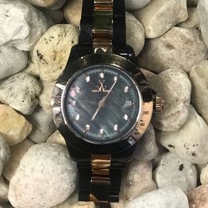 ToyWatch Copper and Black ceramic, black mother of pearl dial with crystals.